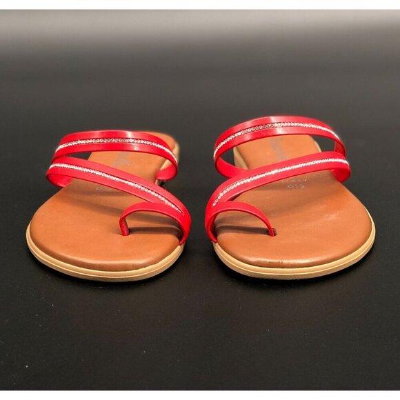 Toscanella Women's Slip-On Flat Sandals Size 6.5 Red Rhinestone Straps Summer - Picture 3 of 8